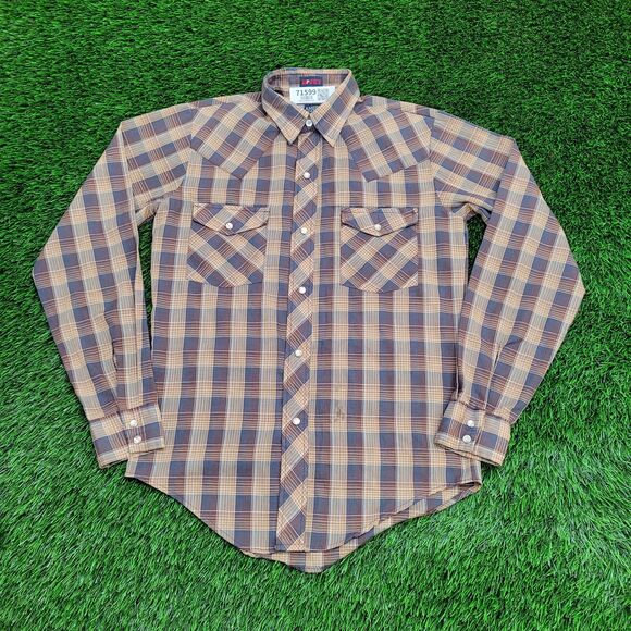Vintage 80s Shadow Plaid Pearl-Snap Shirt M 19x29 Shirttail - Picture 1 of 16